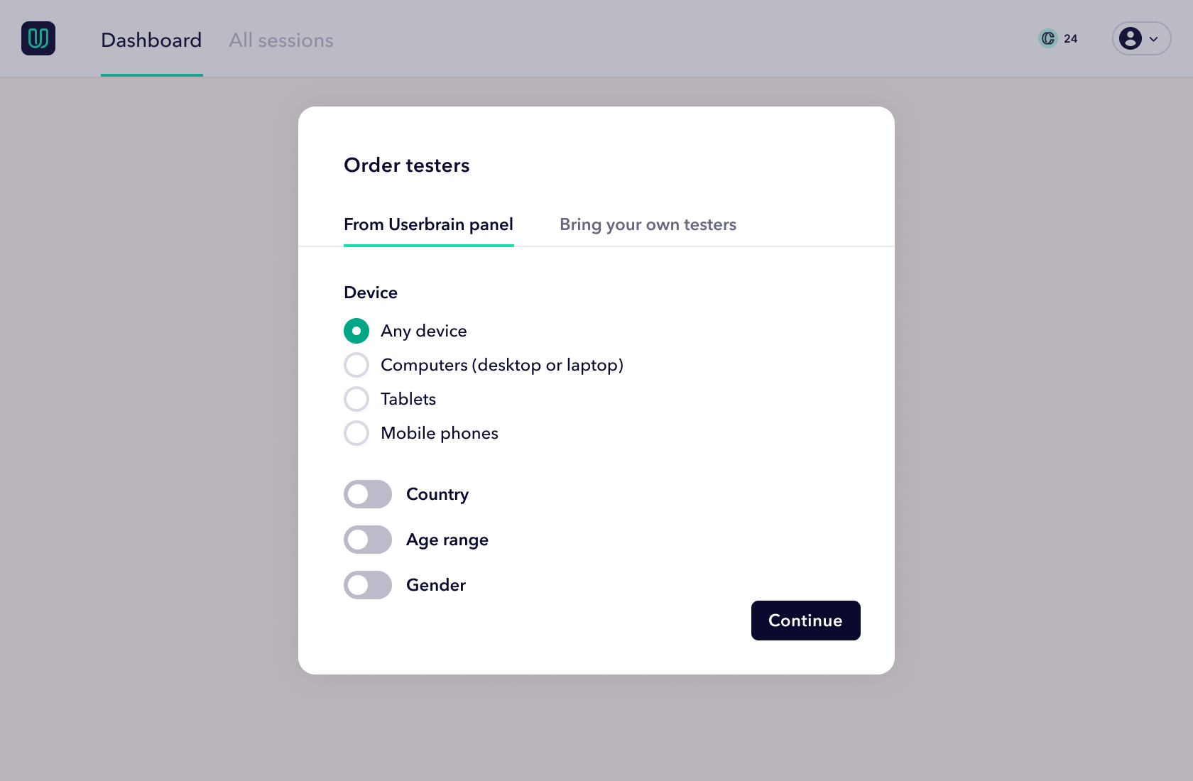Modal to order remote user testers in the Userbrain dashboard interface