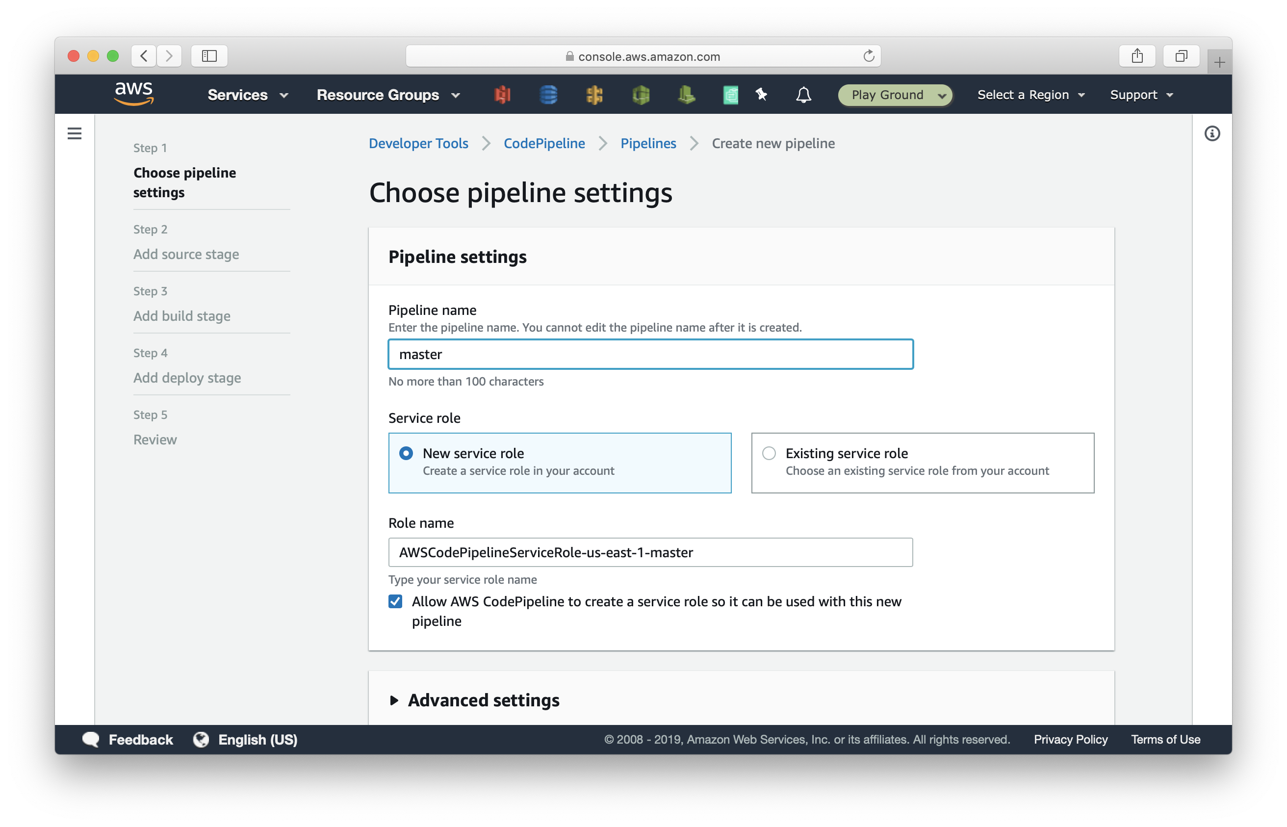 Choose CodePipeline pipeline settings