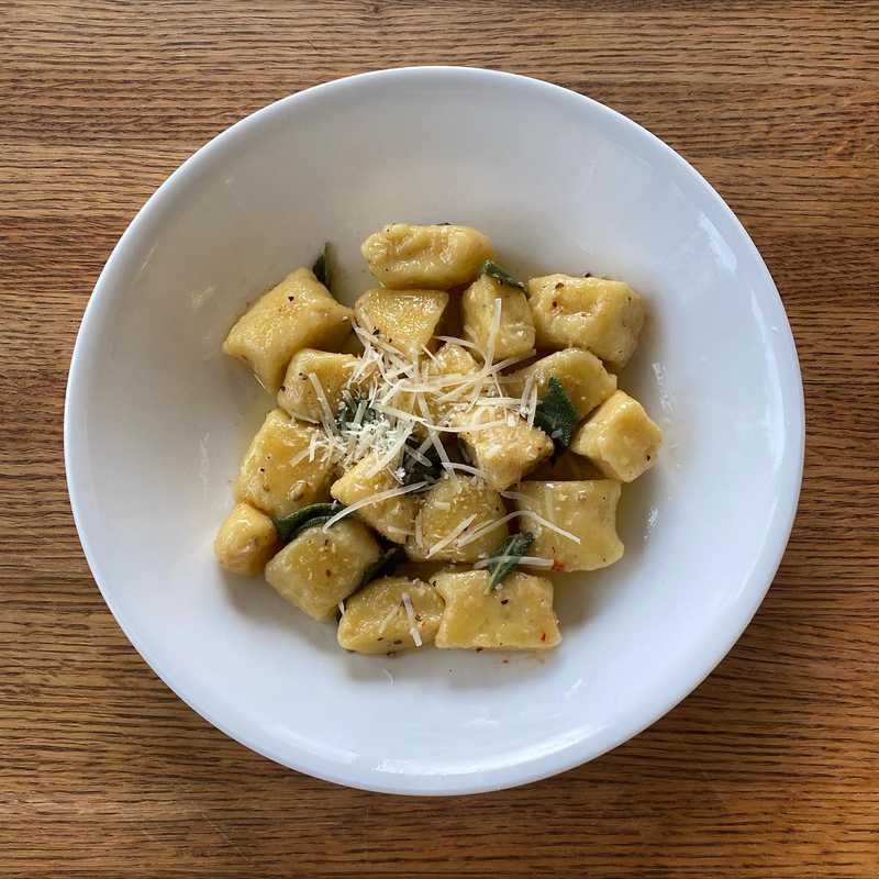 Homemade ricotta turned into gnocchi. My contribution: brown butter and sage sauce for tossing.
