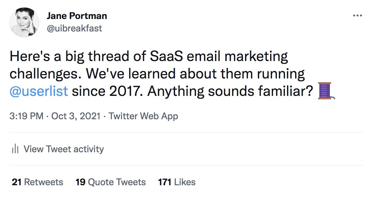 SaaS Email Marketing Challenges: Screenshot of the original thread posted on Twitter