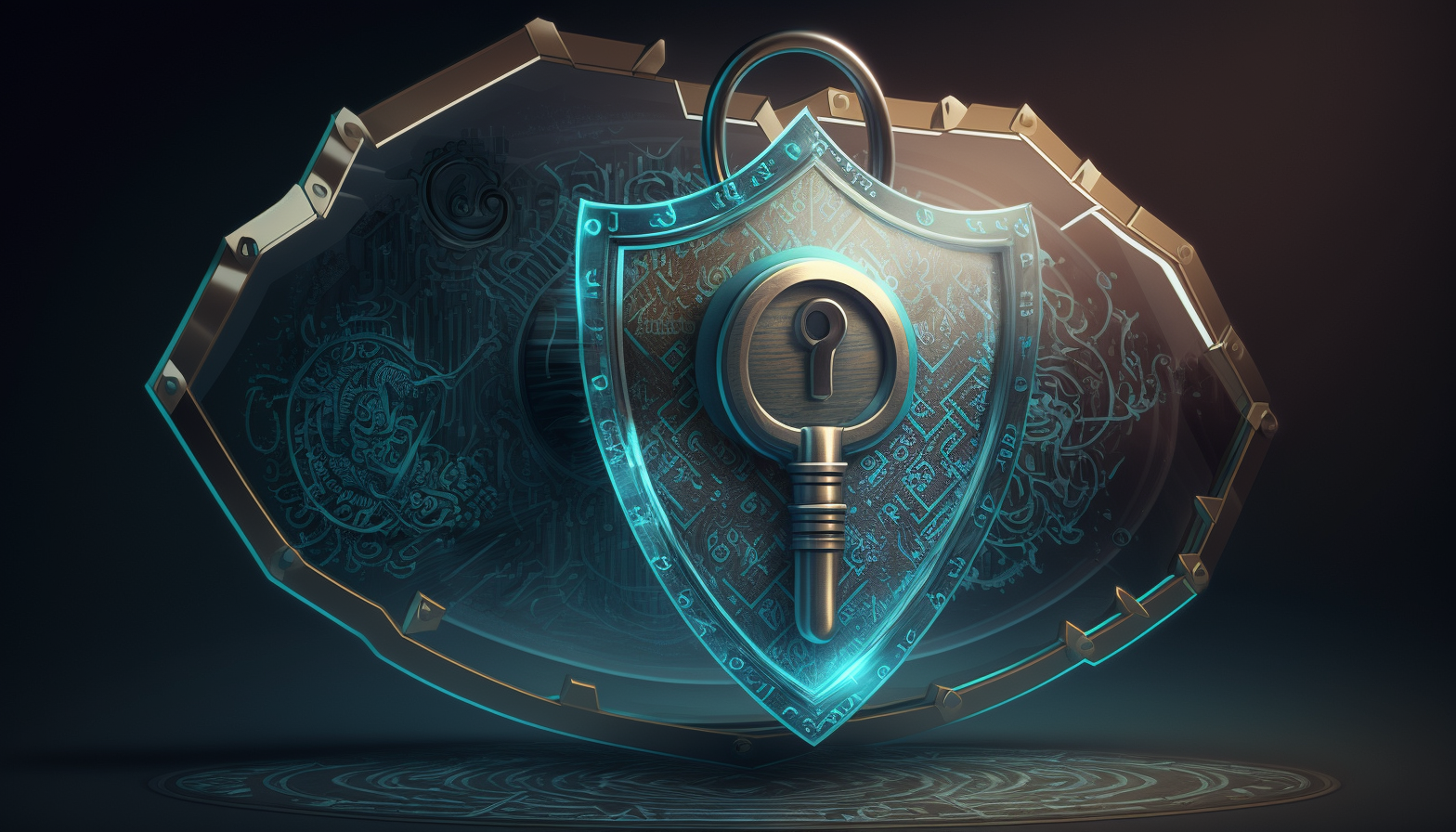 A shield with a lock and key symbolizes cybersecurity, with a magnifying glass over it representing risk management.