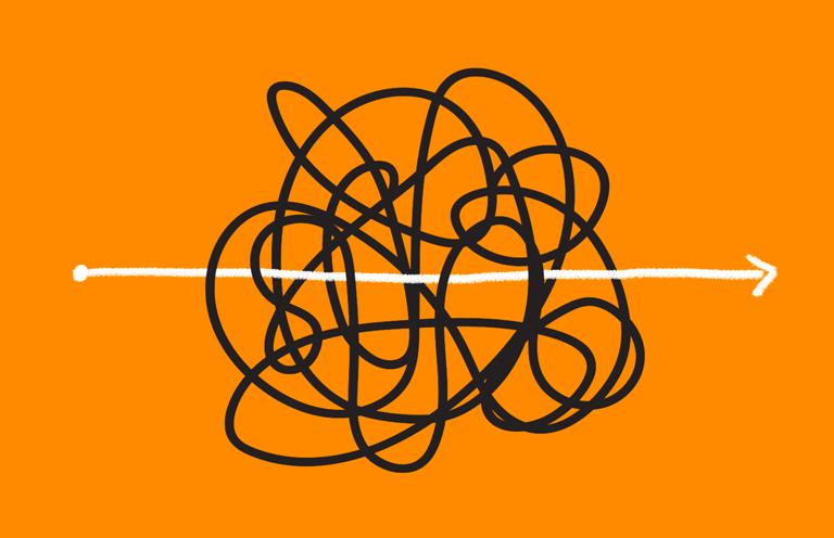A heavily tangled ball of black lines, with a white line going straight through the middle, against an orange background.