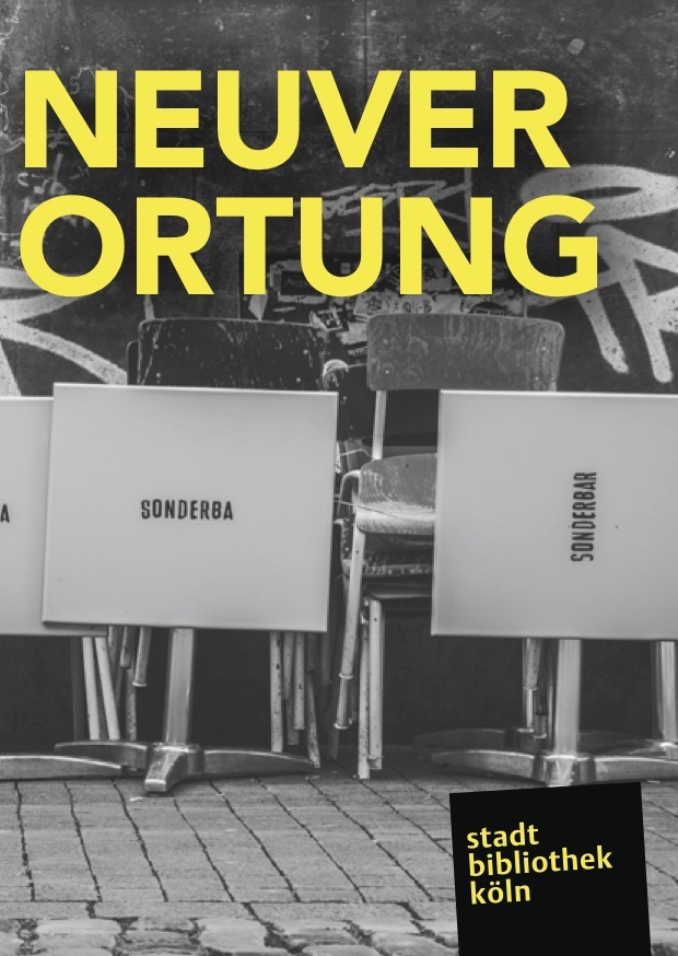 Flyer of the Neuverortung series of events showing worn down chairs and folding tables in front of a wall covered with graffiti