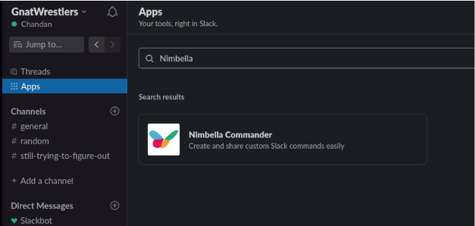 slack app tab where you install nimbella commander