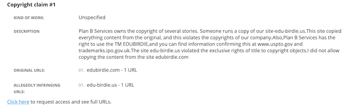 official edubirdie.com copyright claim against edu-birdie.us