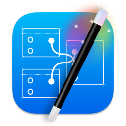 The Quartz Composer icon redesigned as a Big Sur icon. A rounded rectangle blueprint with nodes and connector lines drawn on. A magic wand with a rainbow aura and sparkles is in front of it.