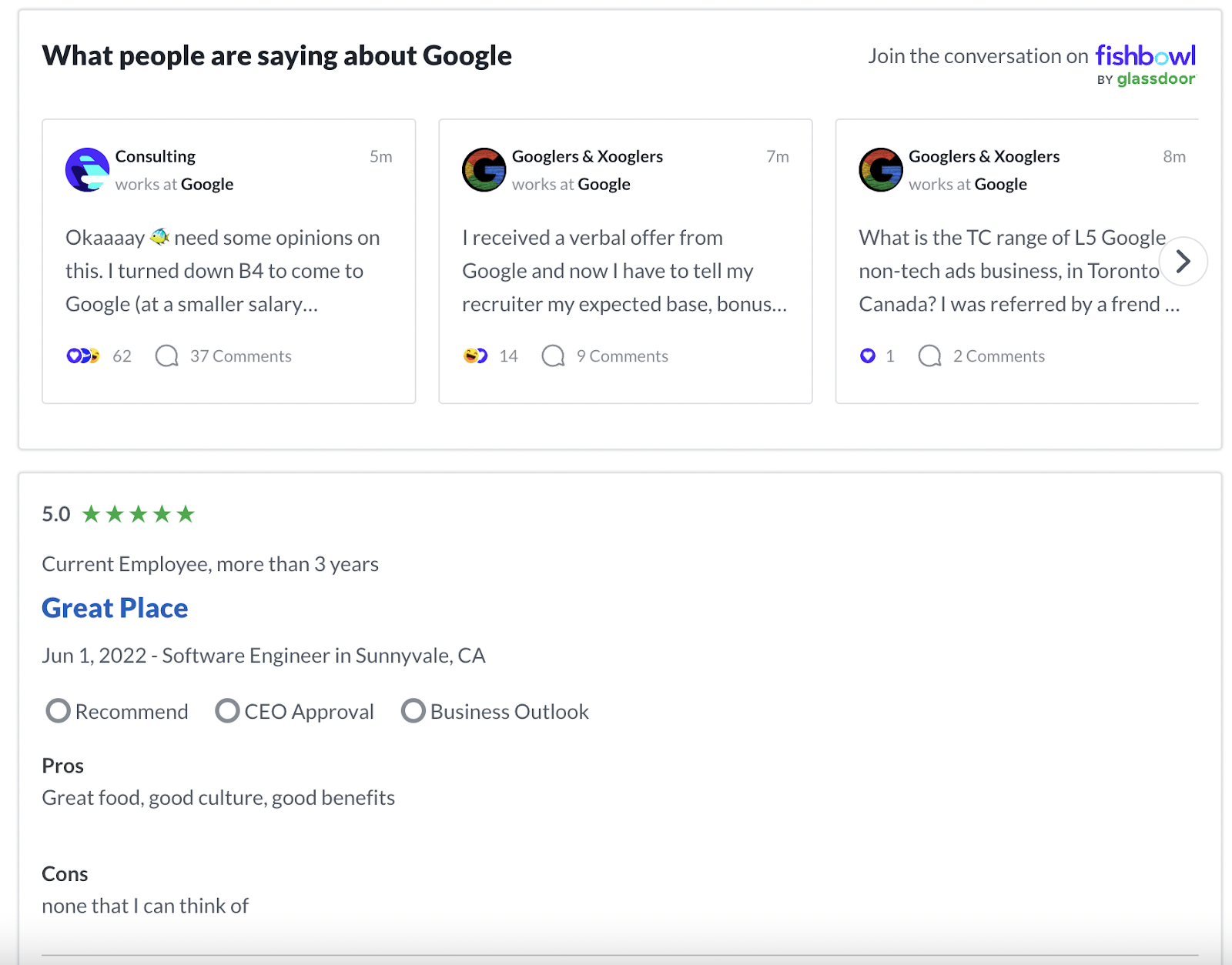 What people are saying about google. Four reviews including a 5 star rating and some pros and cons.