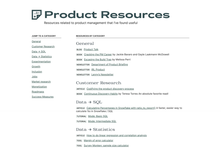 A list of product resource links, organized by categories such as General, Customer Research, Data > SQL, and Data > Statistics