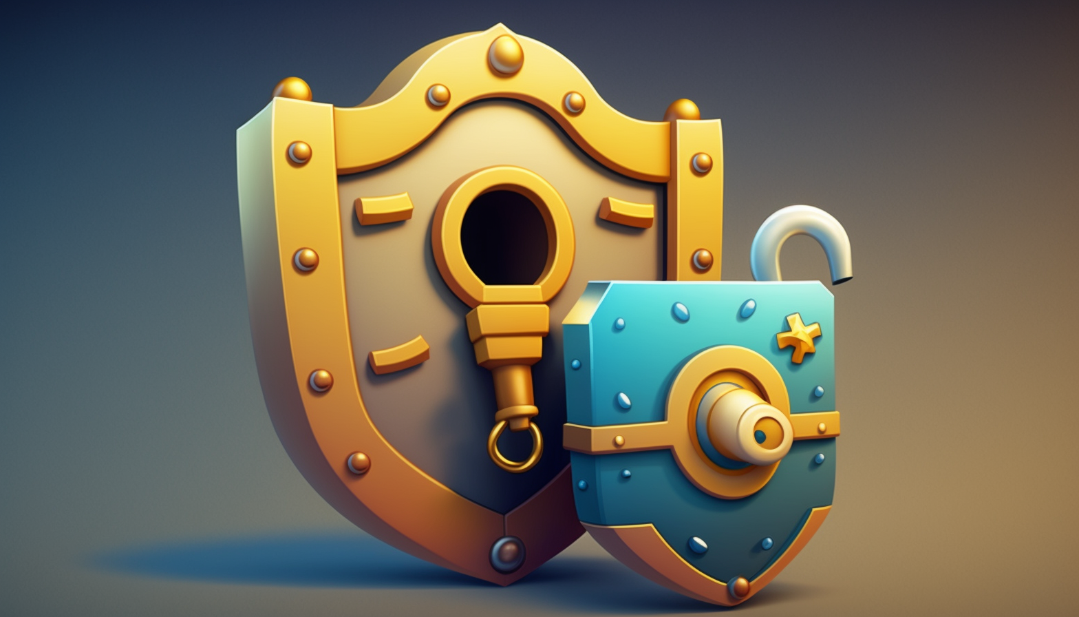 A cartoon image of a lock and key being protected by a shield to represent password security and protection.