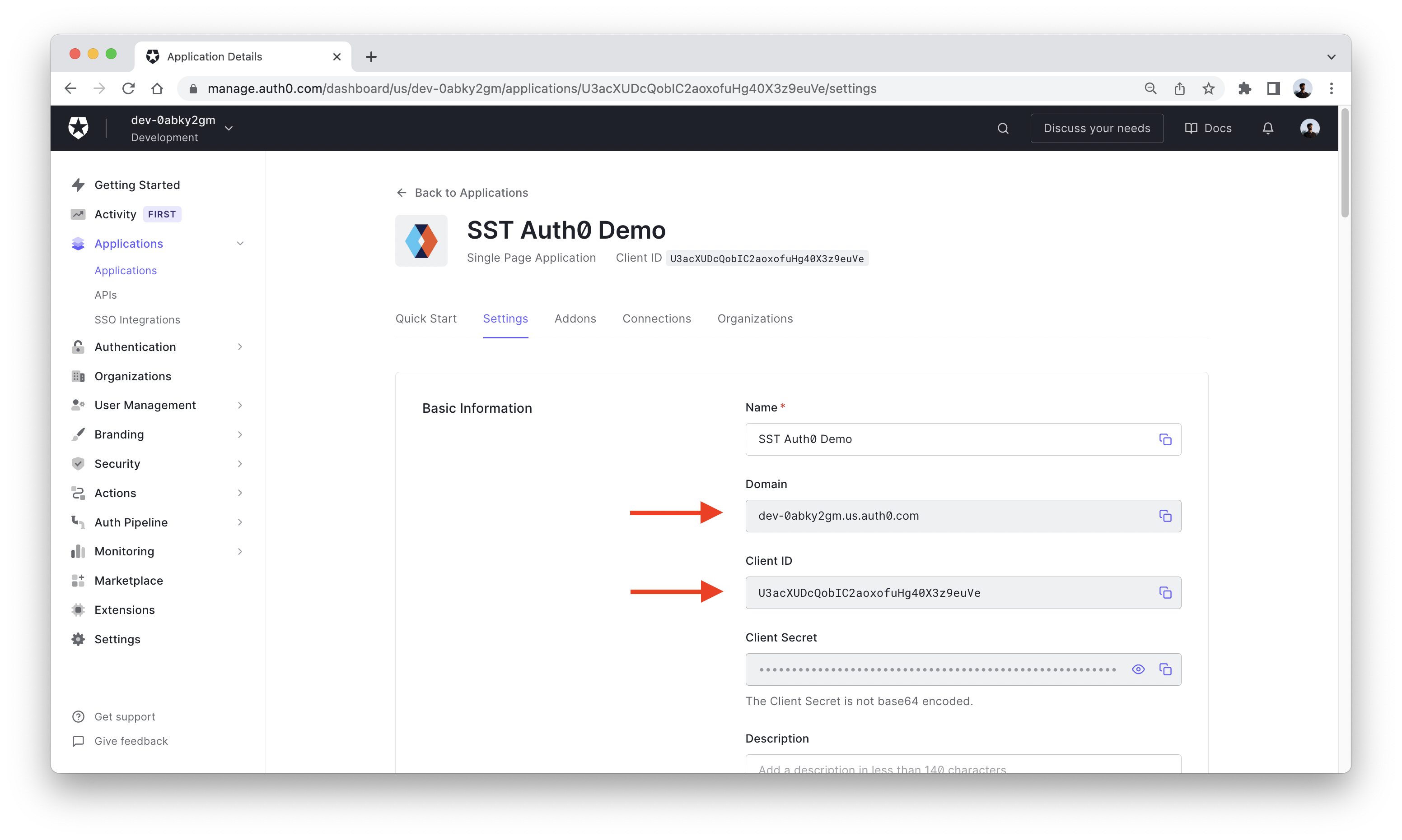 Auth0 applications page