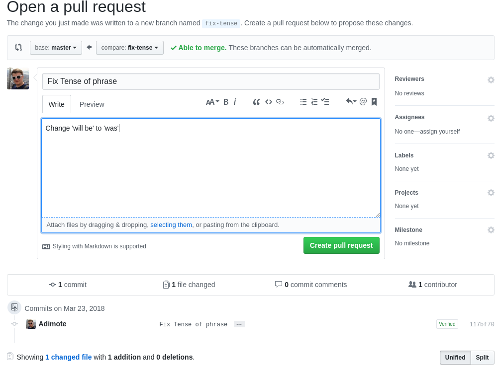 Form for creating a pull request