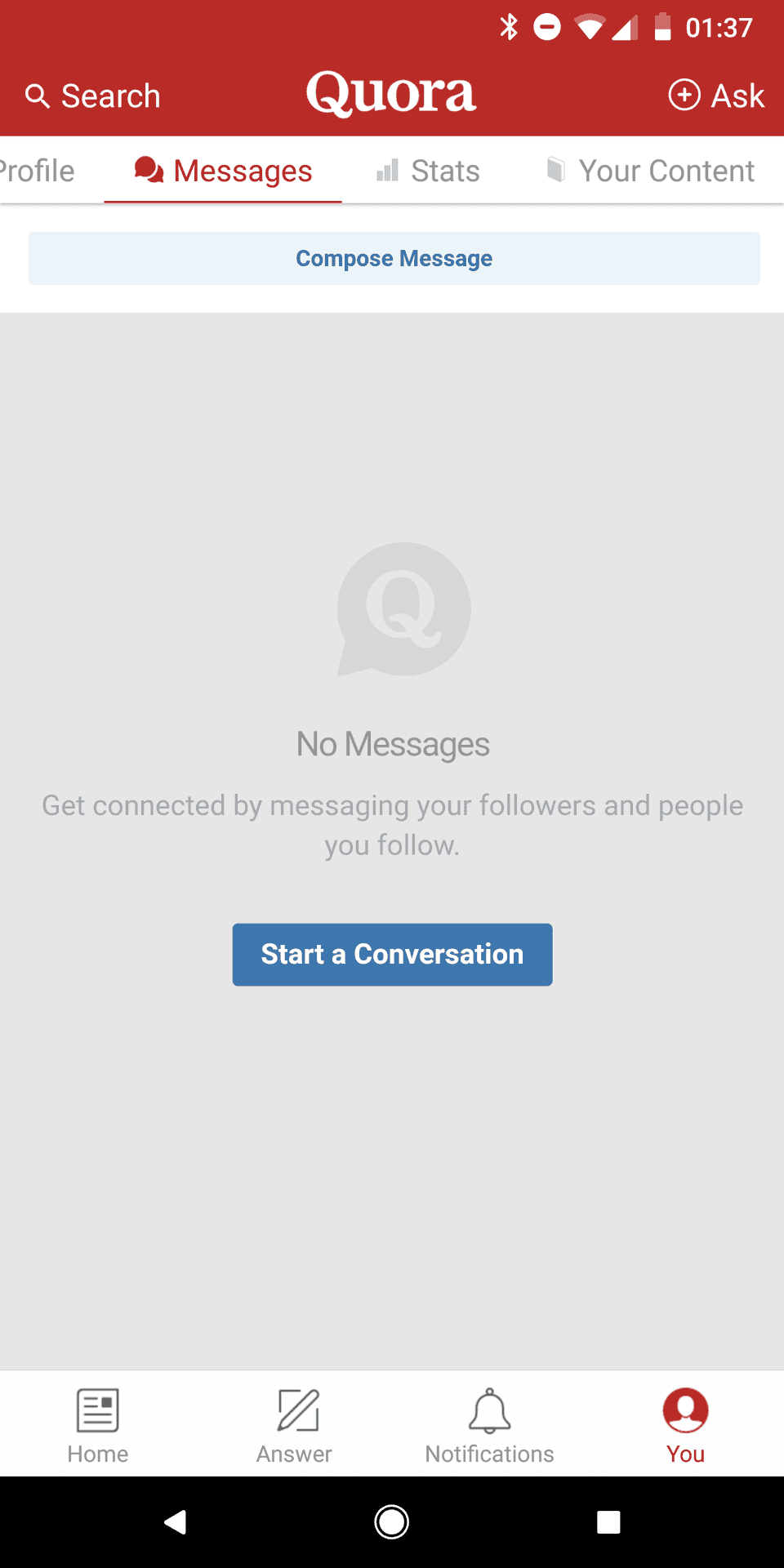 Screenshot of No messages in Quora for Android