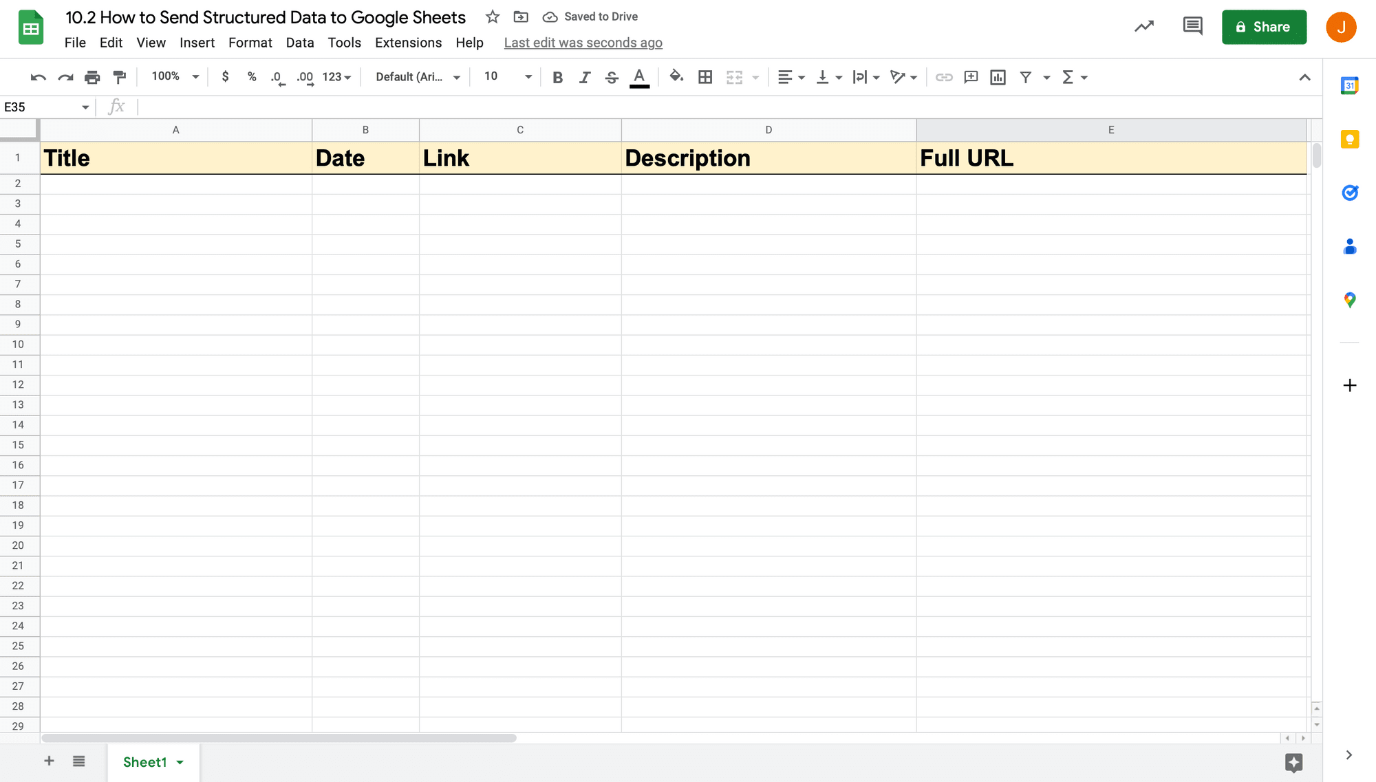 Screenshot of Google Sheets spreadsheet with headers