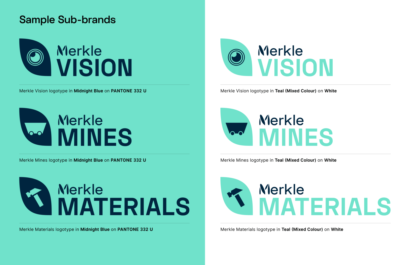 An array of potential Merkle sub-brands with corresponding logos: Merkle Vision, Merkle Mines, and Merkle Materials.