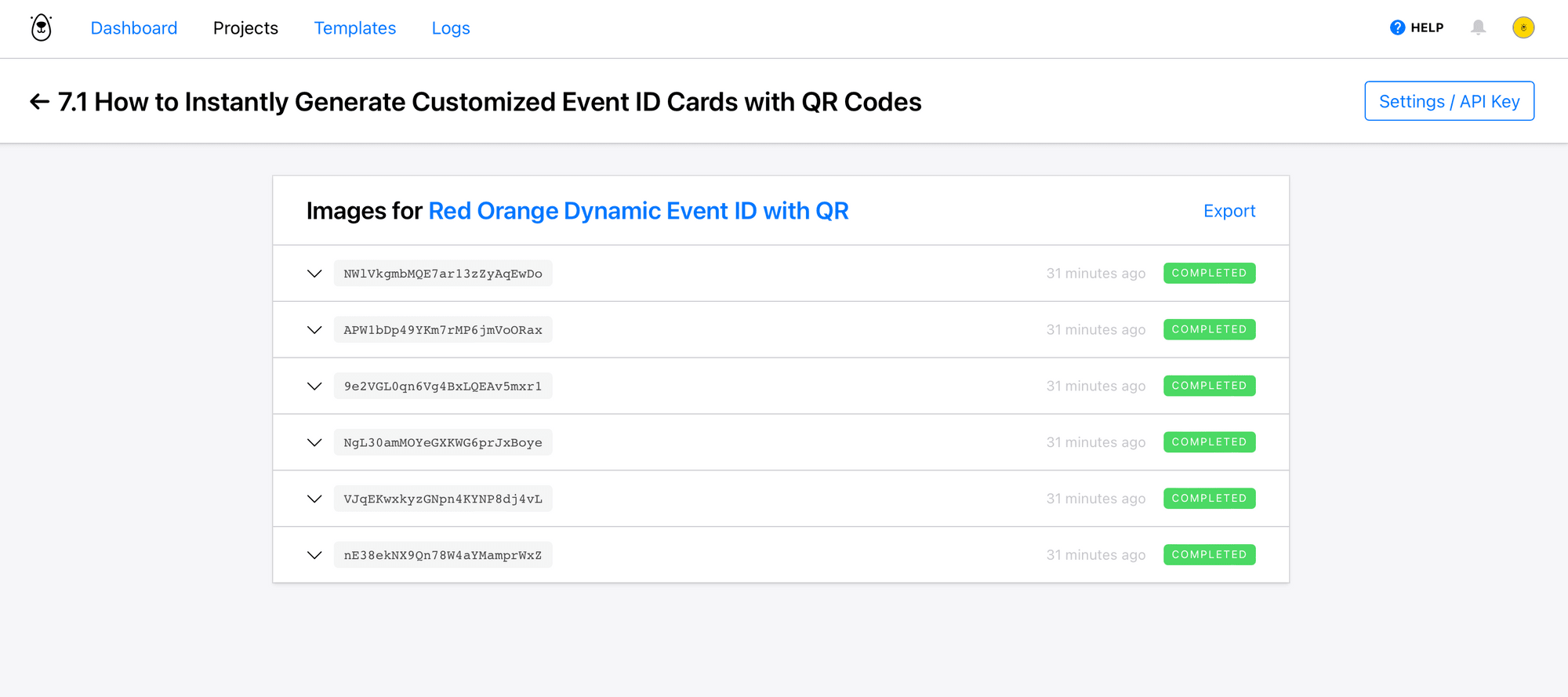 Screenshot of Bannerbear event ID card generation log