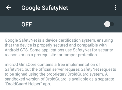 MicroG settings screen for SafetyNet