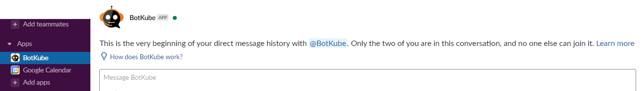 BotKube App Installed on Slack