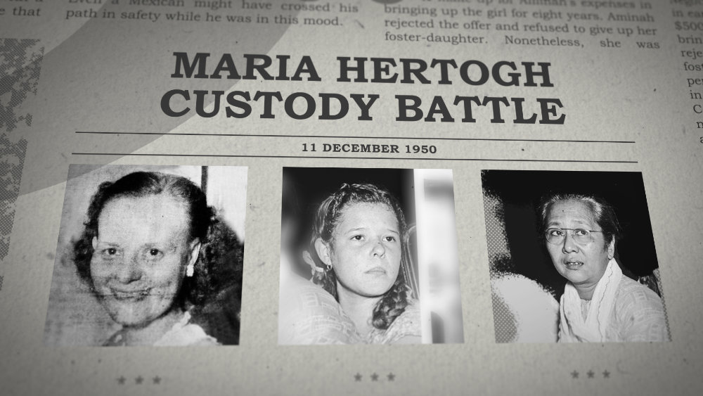 A newspaper mockup featuring photos of 2 women and a young girl. The headline reads 'Maria Hertogh Custody Battle'.