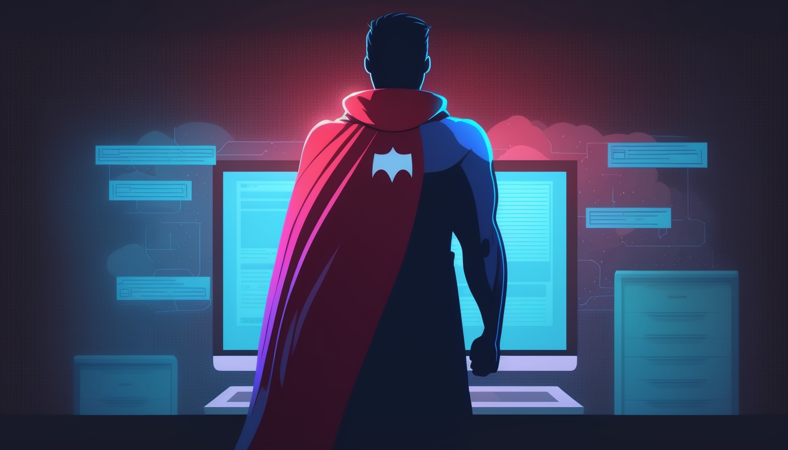 An image of a person standing in front of a computer with a superhero cape on their back, symbolizing the skills and knowledge that can be gained through obtaining cybersecurity certifications.