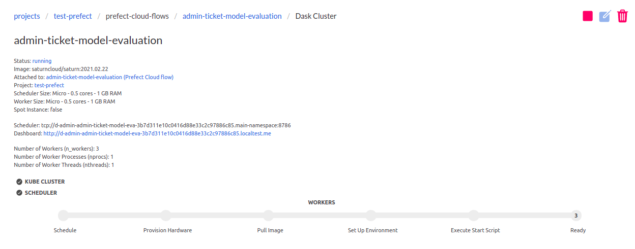 View of dask Dask cluster details page in the Saturn product, including a link to the Dask dashboard