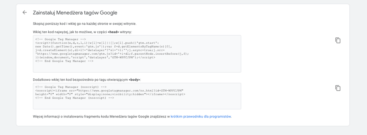 Google Tag Manager - kod do wklejenia na stronie
