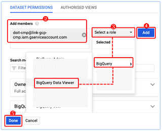 A screenshot showing the process of granting the BigQuery Data Viewer role