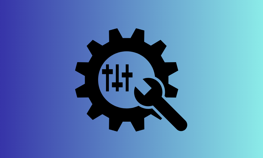 A black icon of a gear with a wrench, signifying a custom solution. The background is a navy blue and teal gradient. 