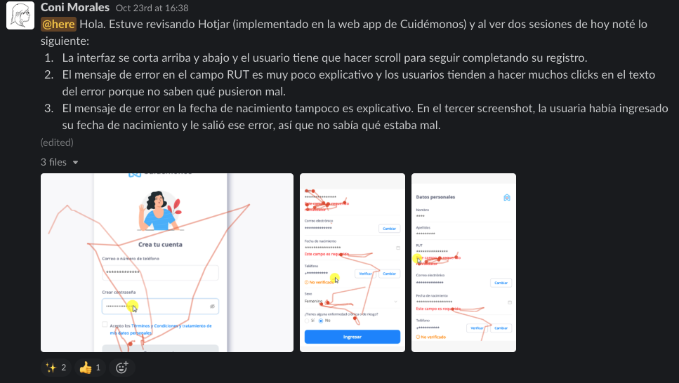 Pantallazos de la app en desktop con el trayecto del cursor de los usuarios trackeados con Hotjar.