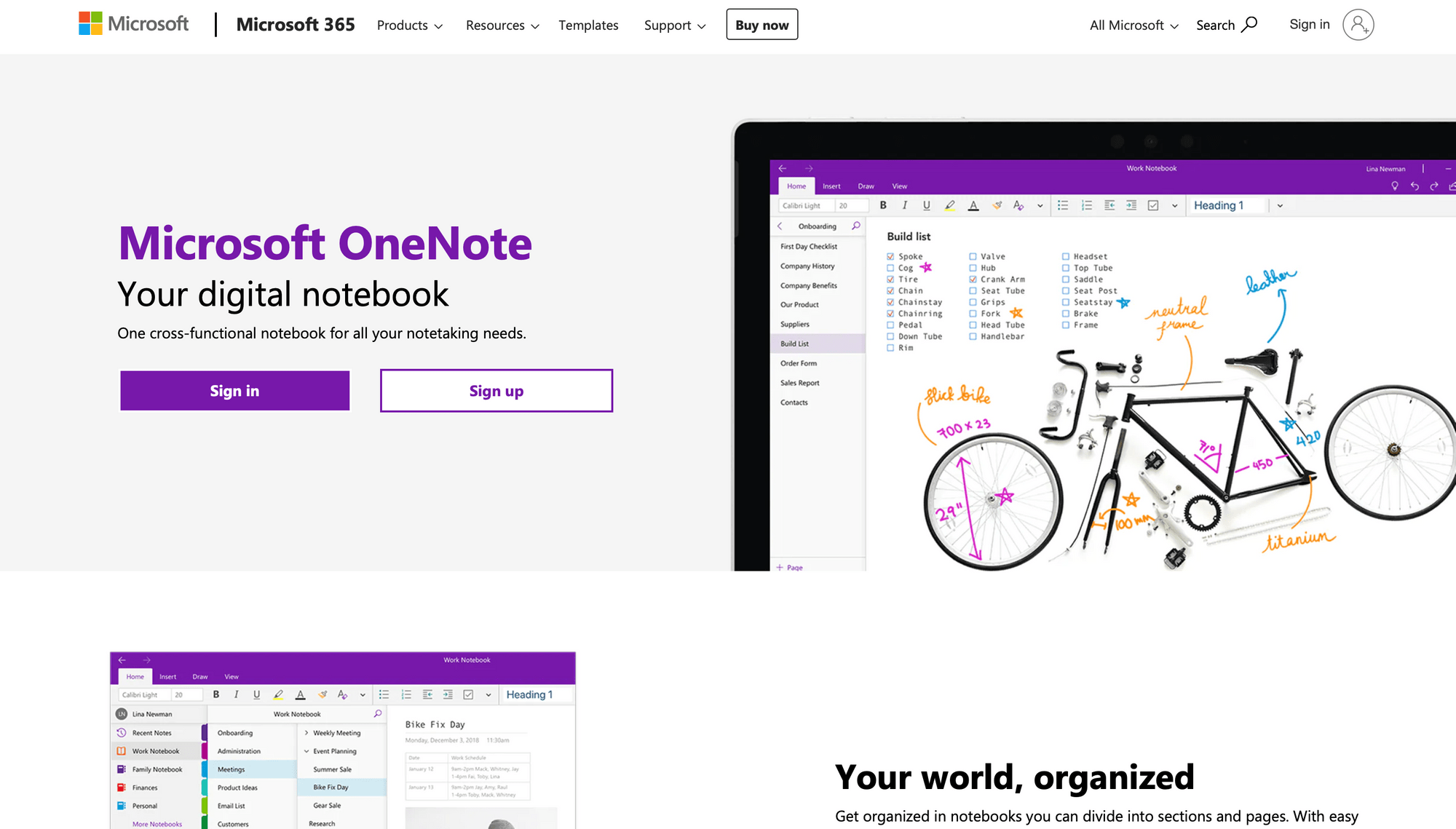 Screenshot of Microsoft OneNote home page