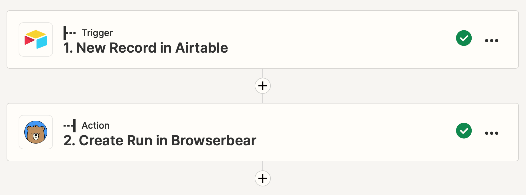 Screenshot of Zapier flow with Airtable new record trigger and Browserbear create run action