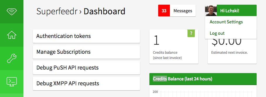 Superfeedr’s redesigned dashboard, with a focus on statistics and commonly-used functions