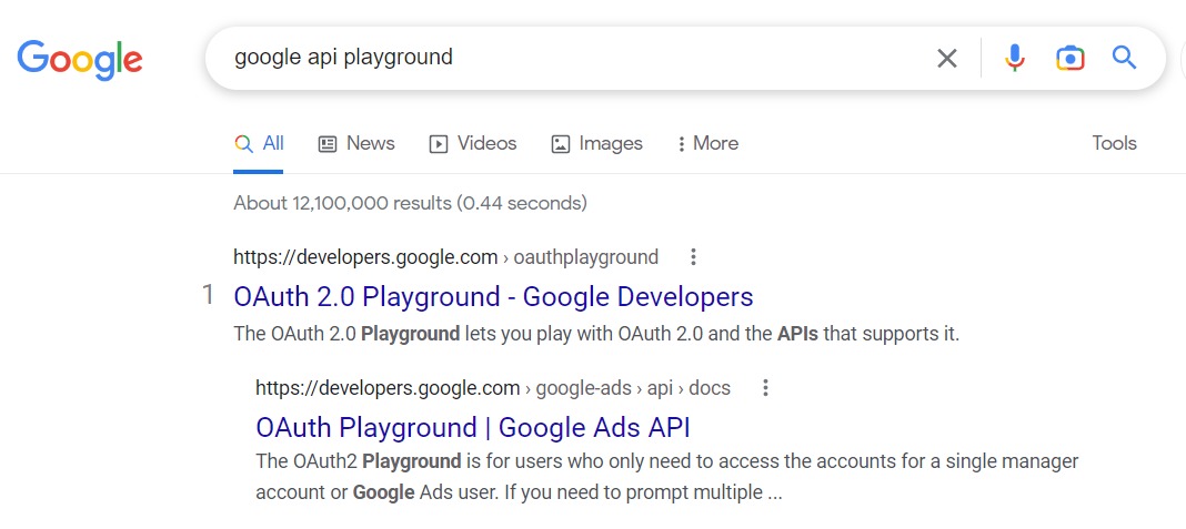 Searching Google api playground