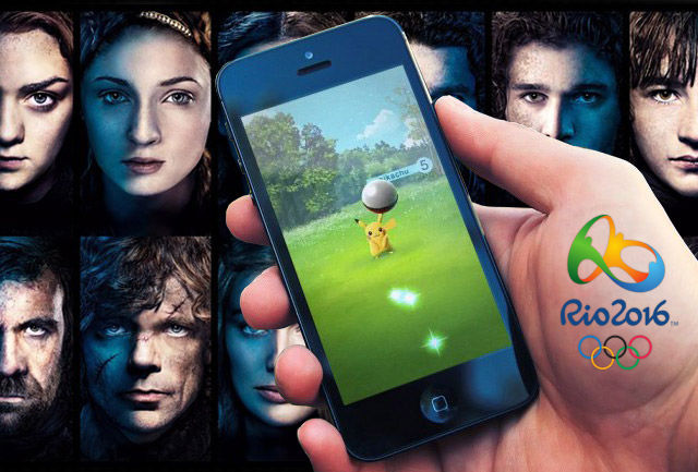 Combined graphic showing phone playing Pokemon Go, Game of Thrones, and Rio 2016 logo