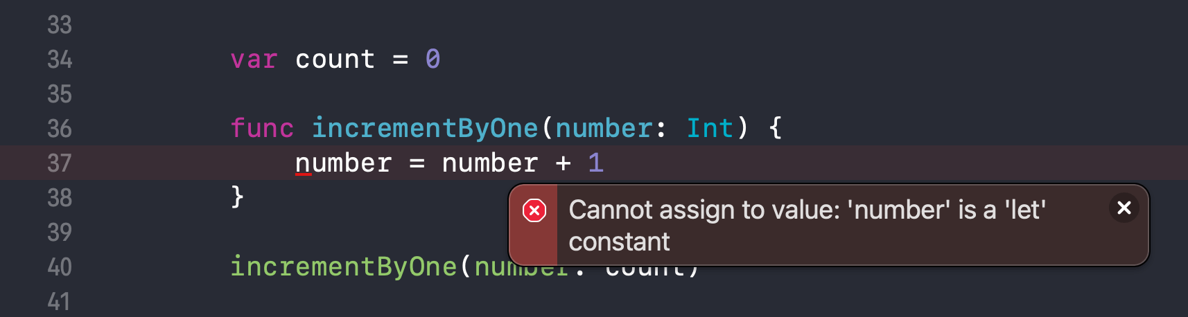 Cannot assign to value: 'number' is a 'let' constant.