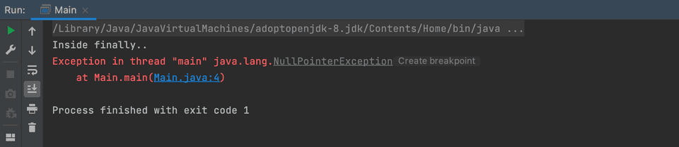 Java exception try finally