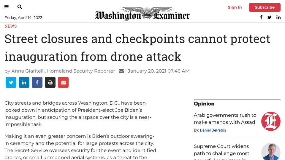 Street Closures and Checkpoints Cannot Protect Inauguration from Drone Attack