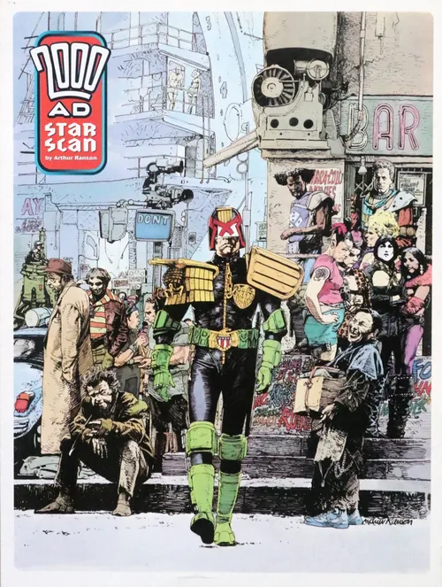 Arthur Randon cover for 2000AD featuring Judge Dredd in downtown scene of Megacity