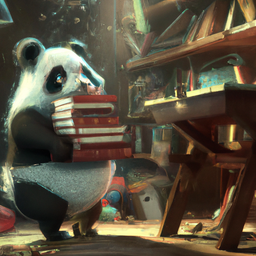 A panda carrying a pile of books through a dusty library