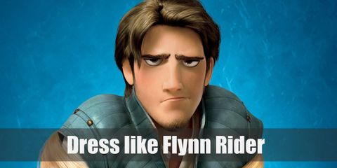 Flynn Rider costume is a simple white tunic underneath a blue vest, brown pants, and brown boots.