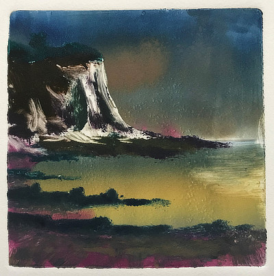 colourful monoprint of cliff and sea