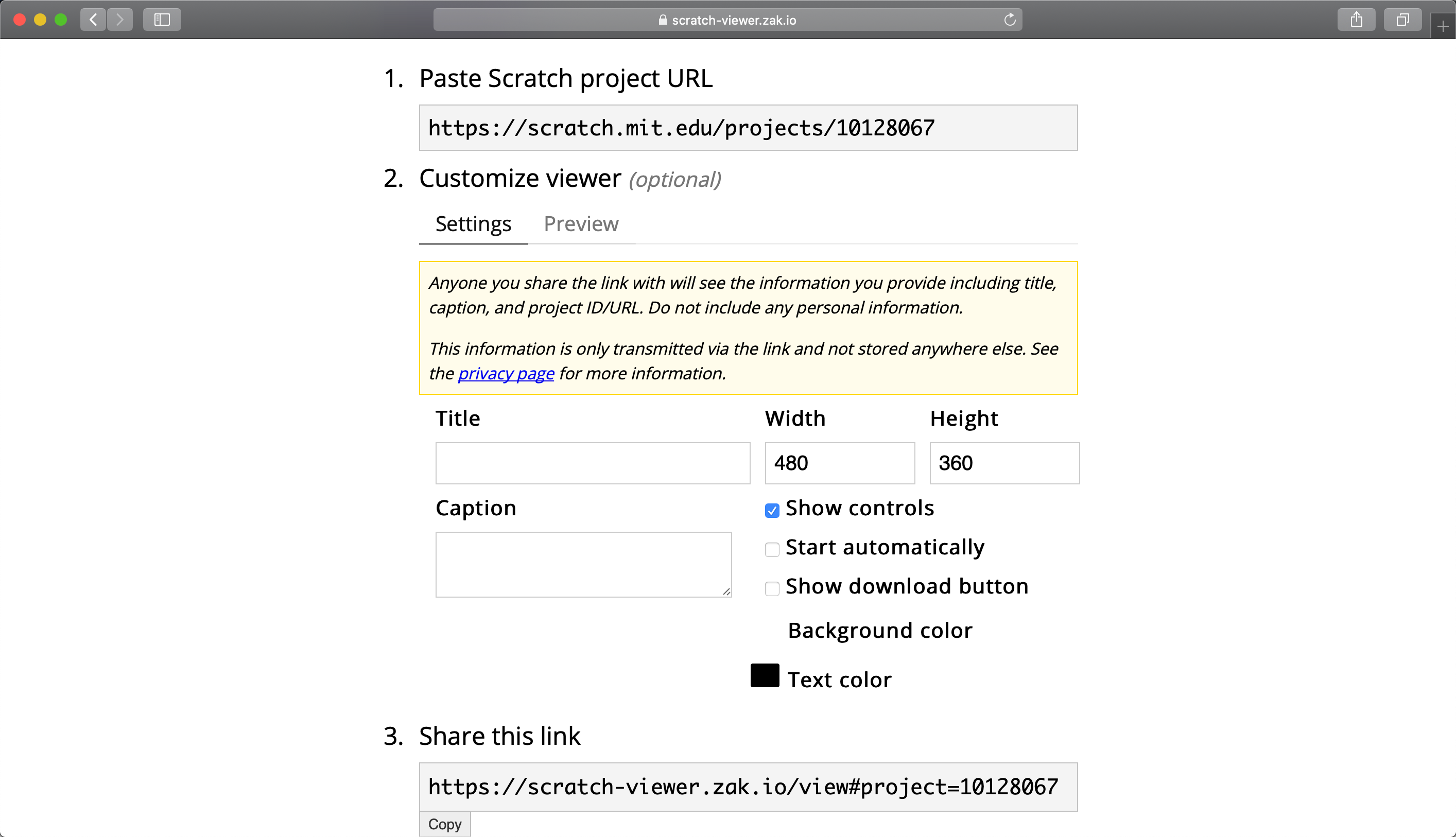 Web page showing various settings to control the display of the project viewer. Options include URL of project to embed, title, caption, dimensions, whether to show the controls, whether to start the project automatically, whether to show the download button, background color, and text color. Below the settings is a box with a URL to copy and share.