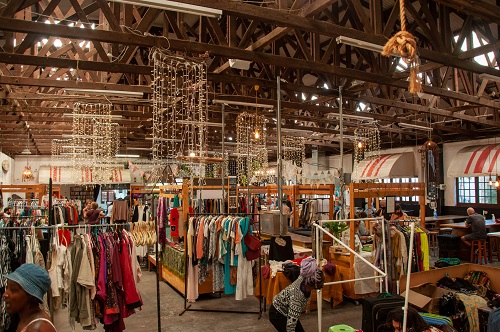 Blue Bird Garage and Market interior with many stalls setup