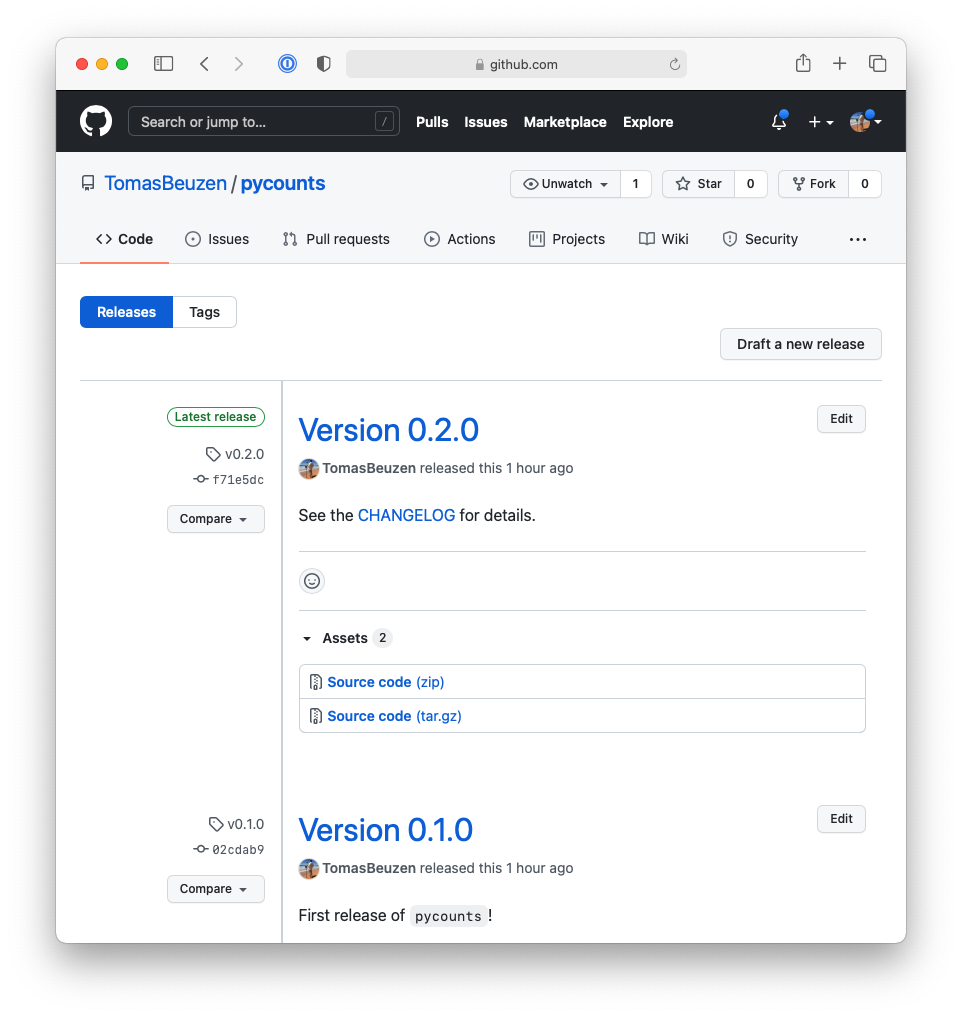 Release v0.2.0 of `pycounts` on GitHub.