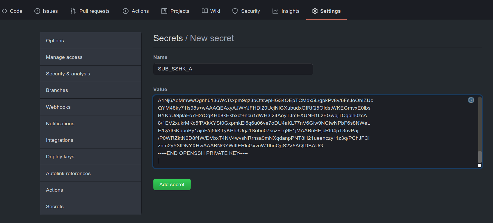 Figure 1: Secret setup in the private project