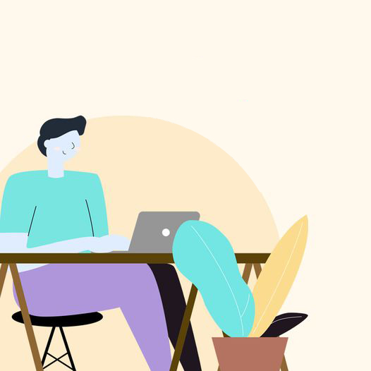 graphic of a genderless person sitting at a table with a laptop and a cute house plant.