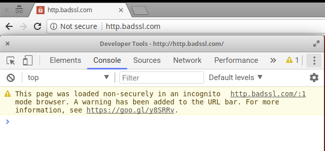 Chrome shows a not secure warning on http.badssl.com in incognito mode