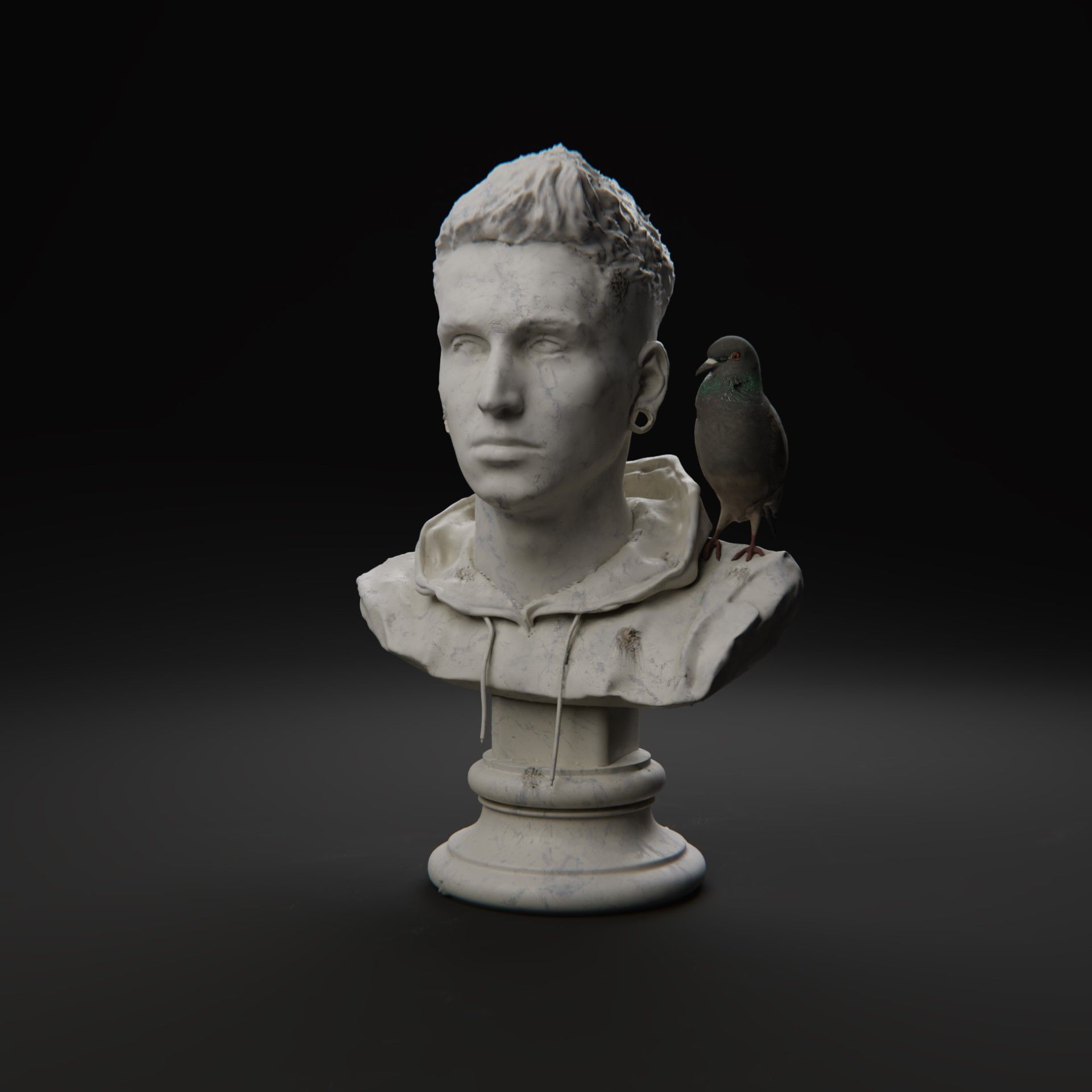 3D-modeled bust of Leif Niemczik's Head in a studio in the style of the classic Beethoven bust, including a pidgeon on it's shoulder which defacated on the statue.