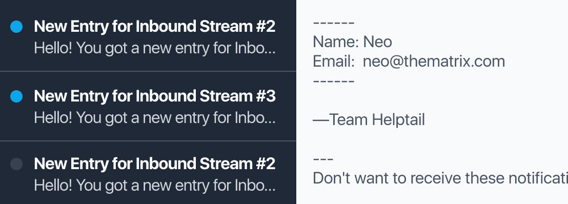 Preview of inbound entry notifications in an inbox