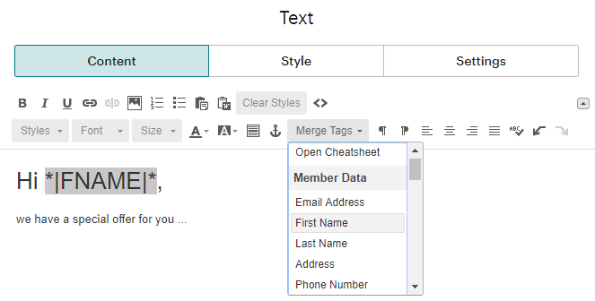 Mailchimp email template first name merge tag